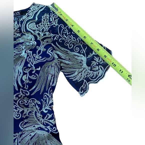 YZXH Yu Zhong Xie Hou Navy Blue and Taupe Lace Embroidered A-Line Dress Size L - Picture 13 of 15